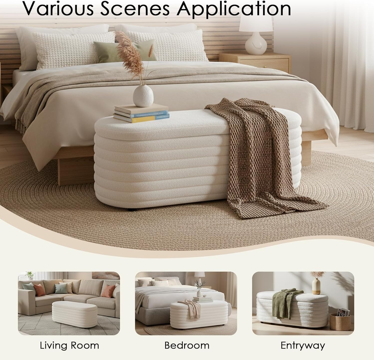Storage Teddy Ottoman Bench Upholstered Fabric Storage Bench End of Bed Stool with Safety Hinge for Bedroom, Living Room, Entryway, Closet(45.5", White)