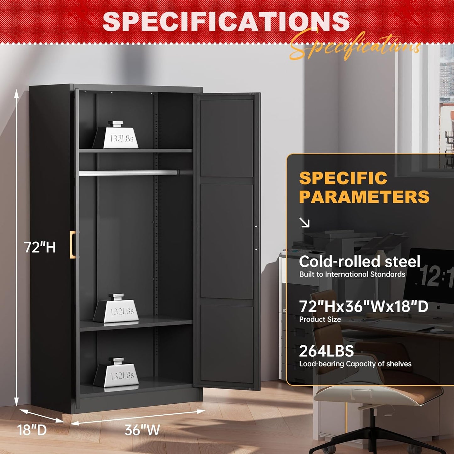 Metal Wardrobe Closet, 72" H Bedroom Armoires with Wooden Handle, Storage Cabinet with Adjustable Shelves and Hanging Rods, Steel Storage Locker Closet for Home, Office, Employee, Gym (Black)