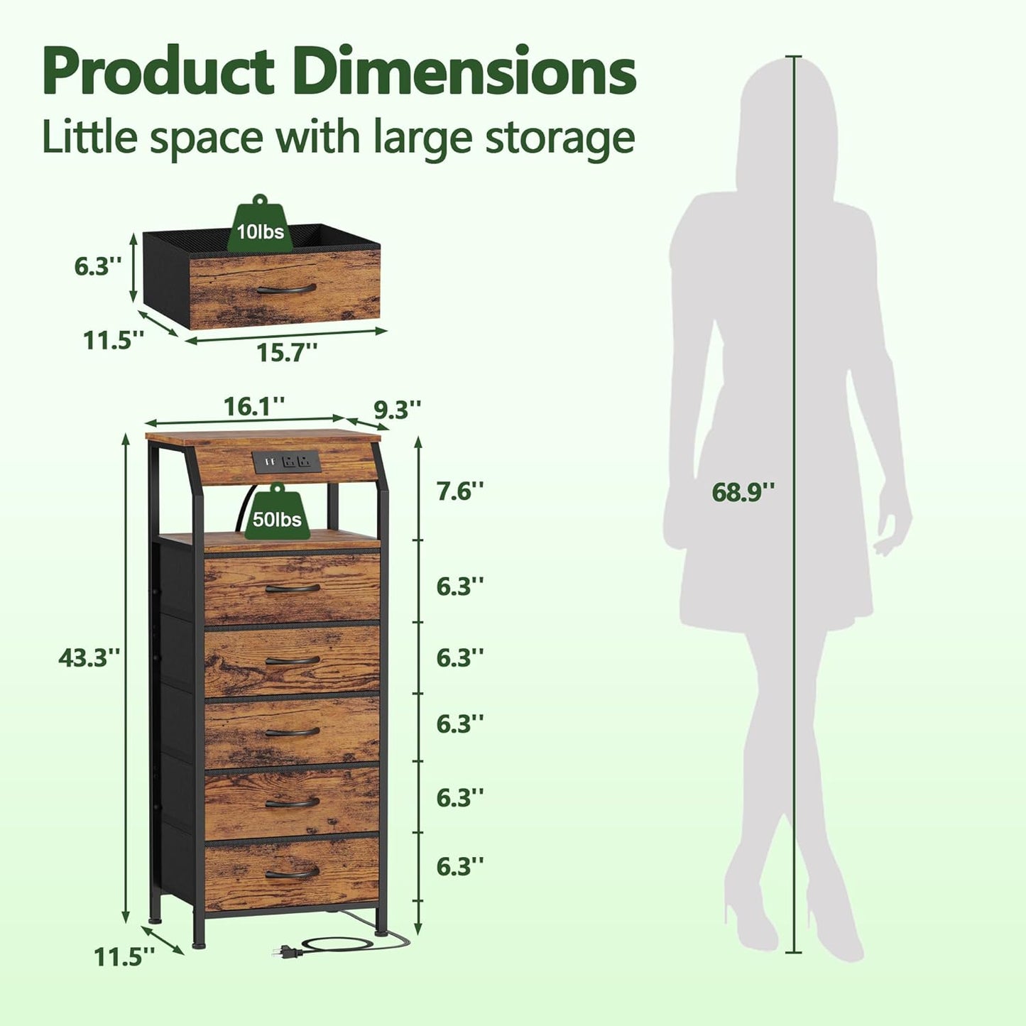 5 Drawers Dresser with Charging Station, Tall Night Stand with Storage Shelf, Fabric Chest of Drawers, Bedside Table for Closet, Entryway, Bedroom Furniture, 3 Ways to Use, Rustic Brown