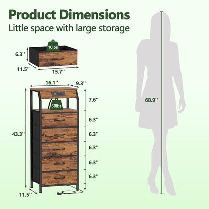 5 Drawers Dresser with Charging Station, Tall Night Stand with Storage Shelf, Fabric Chest of Drawers, Bedside Table for Closet, Entryway, Bedroom Furniture, 3 Ways to Use, Rustic Brown