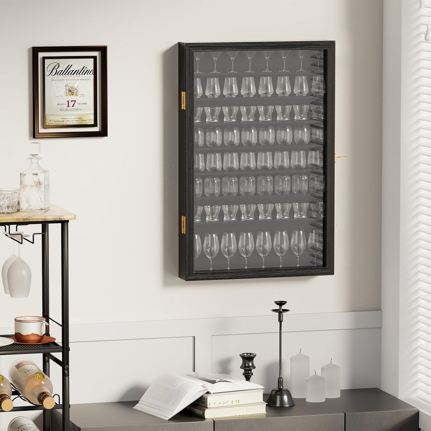 Shot Glass Display Case 72 Large Capacity Wooden Shot Glass Holder Wall Mounted Shadow Box Bar Cabinet with Acrylic Lockable Door and Removeable Shlves, 26.85"X17.5" X 3.35", Black