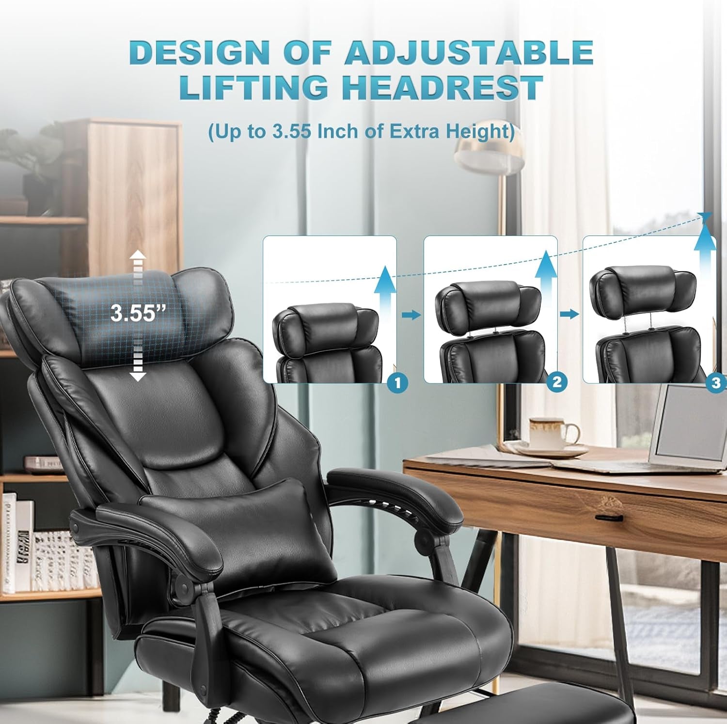 Office Chair with Retractable Footrest, Ergonomic High Back Design Executive Computer Desk Chair with Removable Lumbar Pillow, 90-135°Reclining, Thick Bonded Leather for Home Office Work, Black