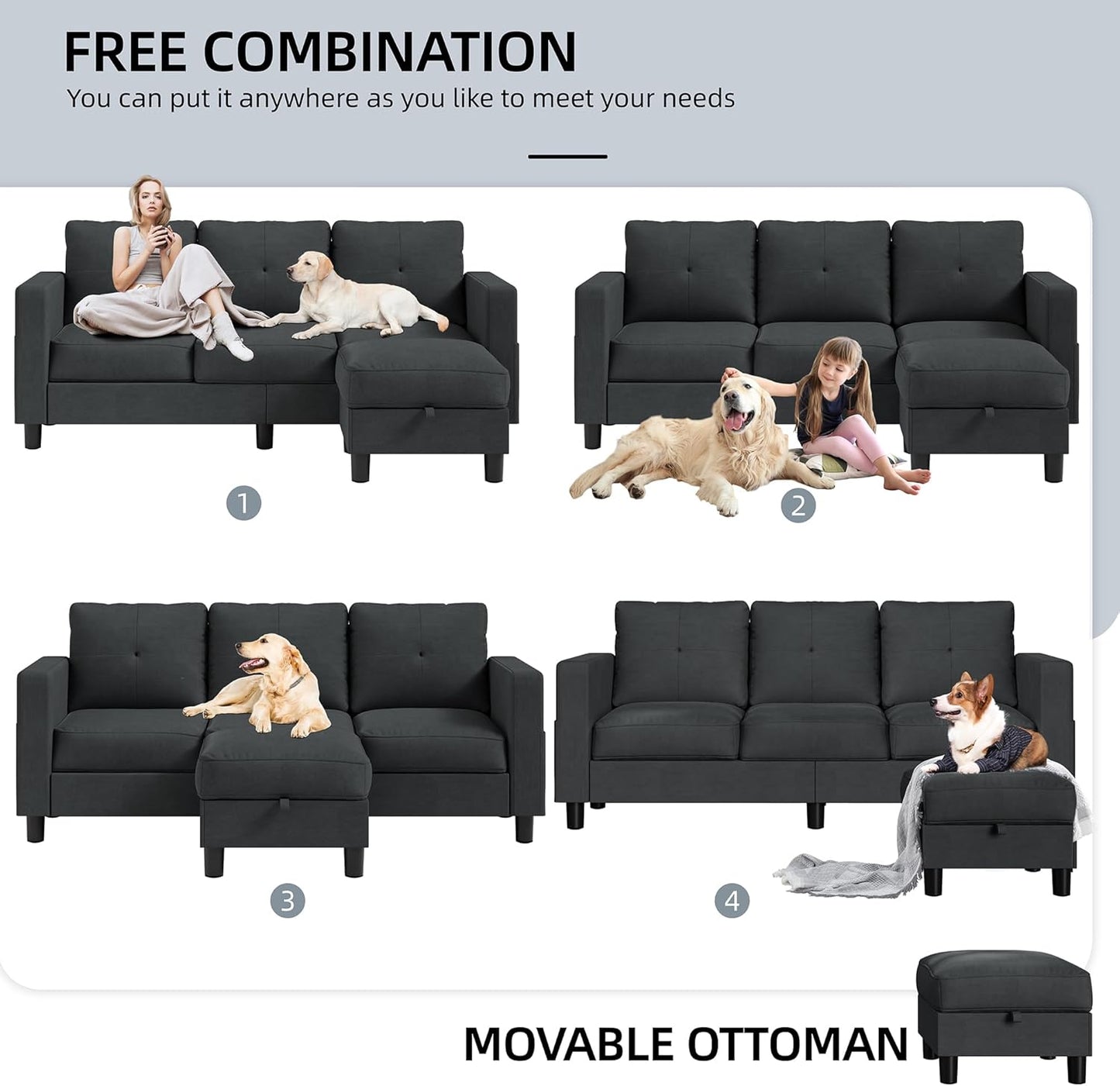 76" Modern Upholstered Sectional Sofa, L-Shaped Couch with Storage Ottoman and Reversible Chaise for Living Room, Black Linen Fabric