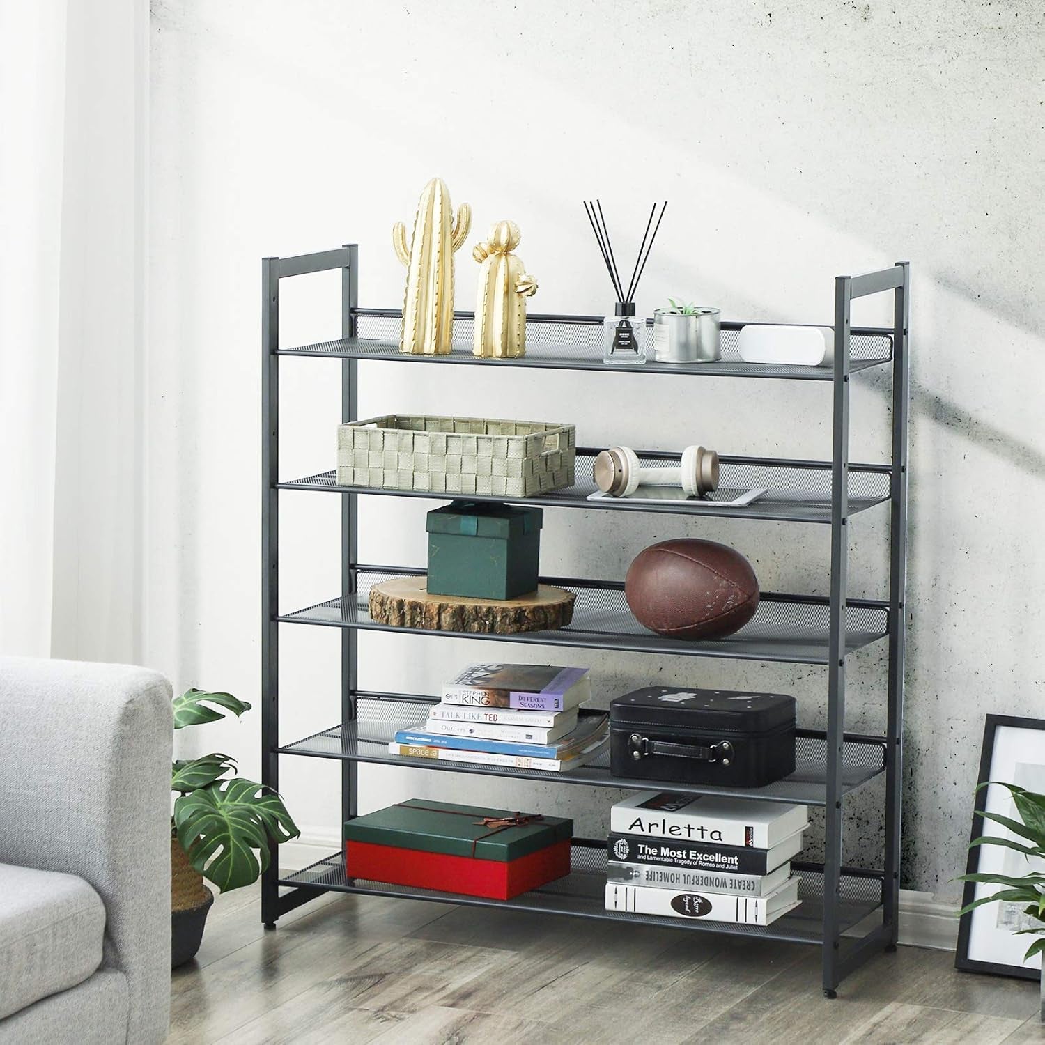 Shoe Rack, 5-Tier Shoe Organizer, Metal Shoe Storage for Garage, Stackable Shoe Shelf, with Adjustable Flat or Angled Shelves, 20-25 Pairs, Charcoal Gray ULMR05GB
