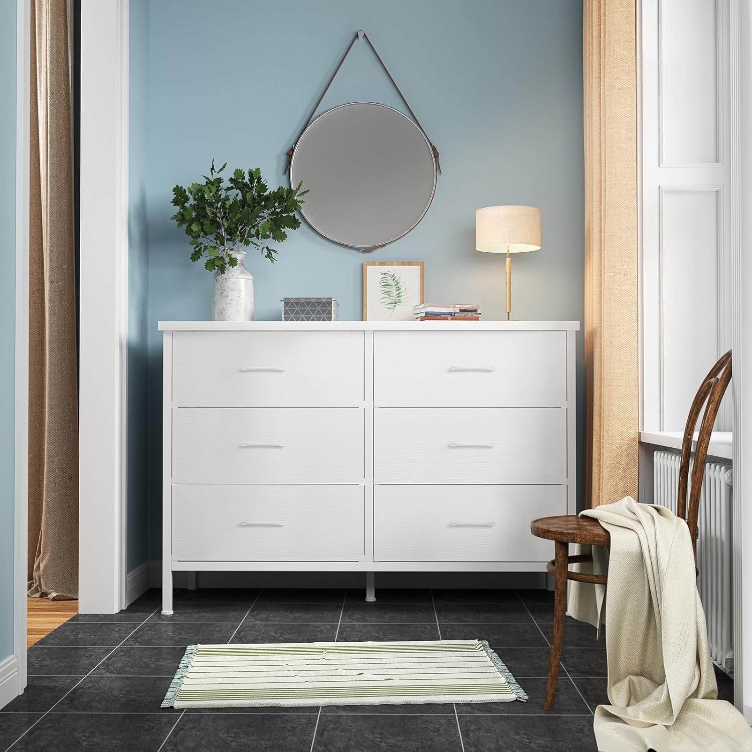 Dresser and Nightstand Set 3 Piece White Dresser with 6 Fabric Drawers for Bedroom Sets Modern