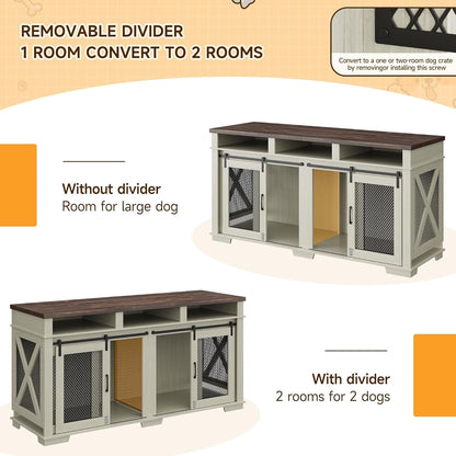 71 in Dog Crate Furniture for 2 Dogs, Large Double Dog Cage with 3 Storage Drawers & Removable Divider, Dog Kennel as TV Stand, Furniture Style Dog Crates with Sliding Barn Door