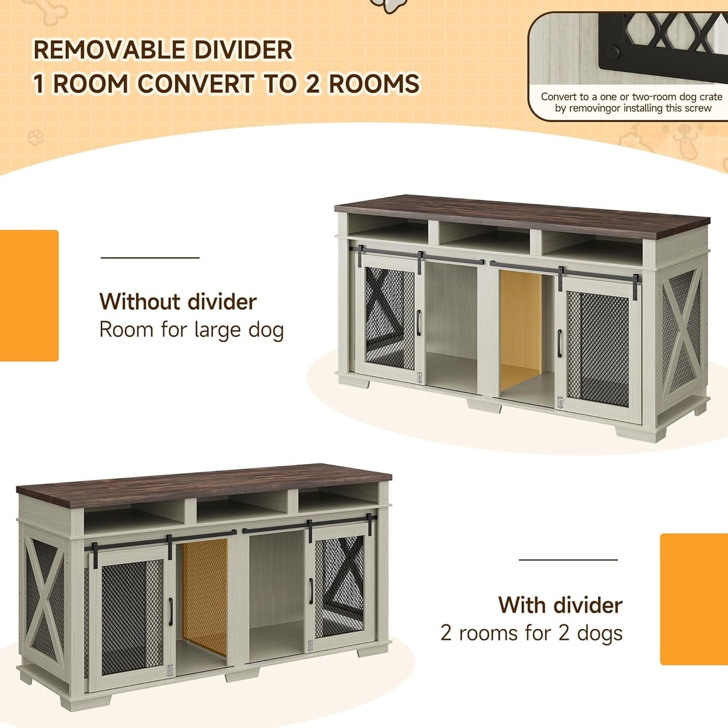 71" Dog Crate Furniture for 2 Dogs, Dog Kennel with 3 Storage Drawers & Removable Divider, Extra Large Double Dog Cage as TV Stand, Furniture Style Dog Crates with Sliding Barn Door