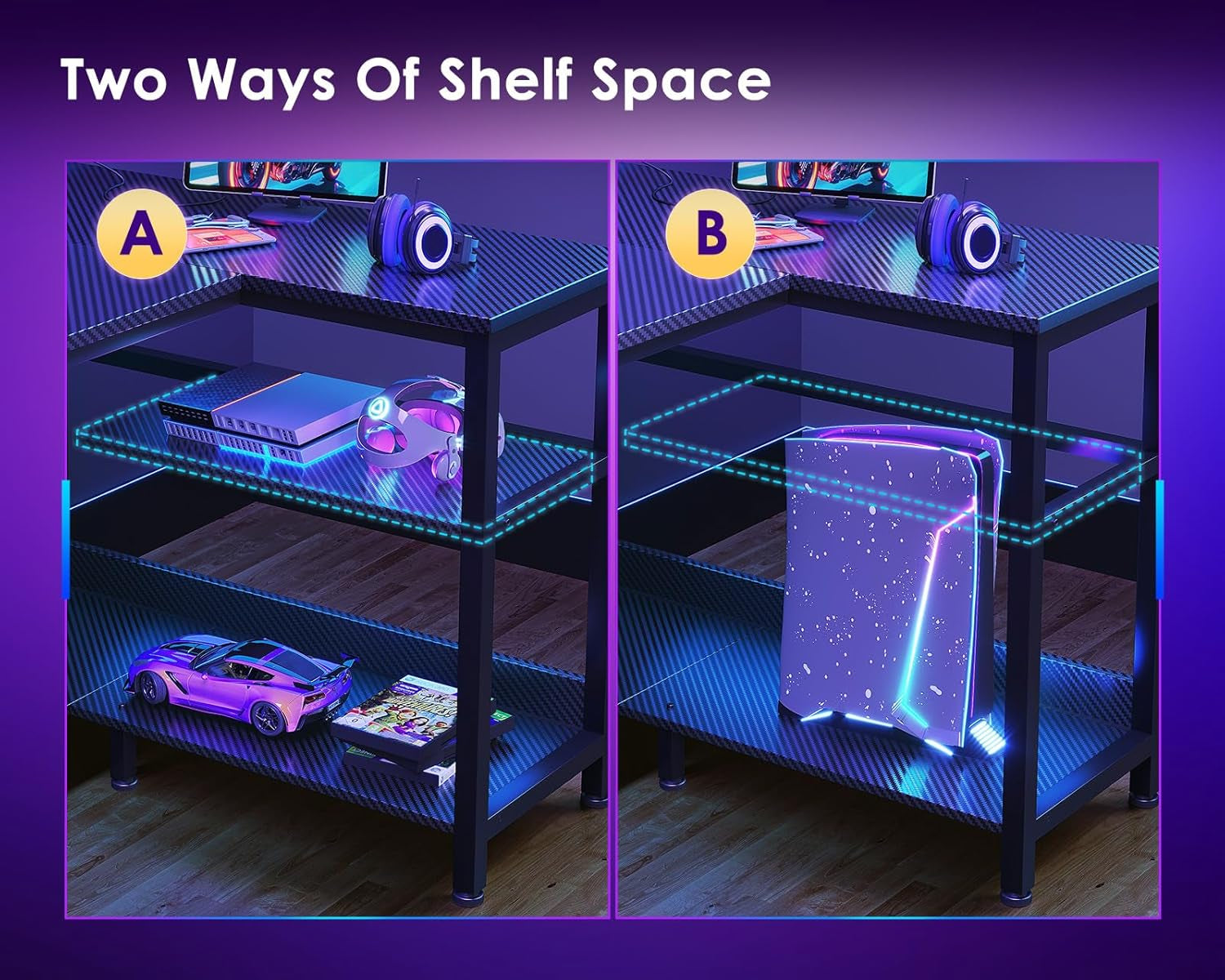 48 Inch Gaming Desk with USB Charging Ports and LED Lights, Reversible L Shaped Computer Desk with Storage Shelves & Monitor Stand, Corner Gamer Desk Table with Power Outlets, Black