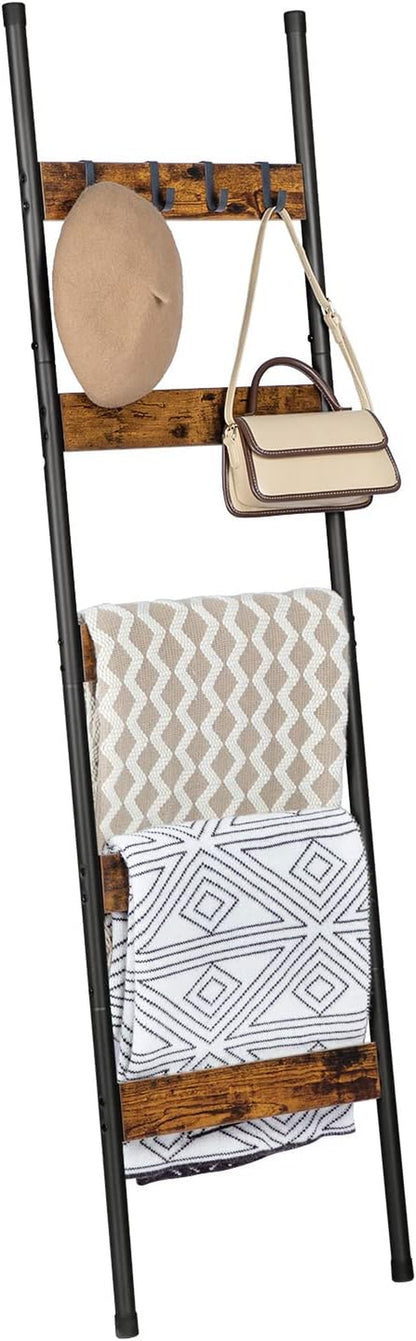 Blanket Ladder, 5-Tier Towel Rack with Hooks, Wall-Leaning Blanket Rack, Decorative Display Ladder Shelf, for Scarves, Industrial, Living Room, Bedroom, Rustic Brown and Black BF52CJ01