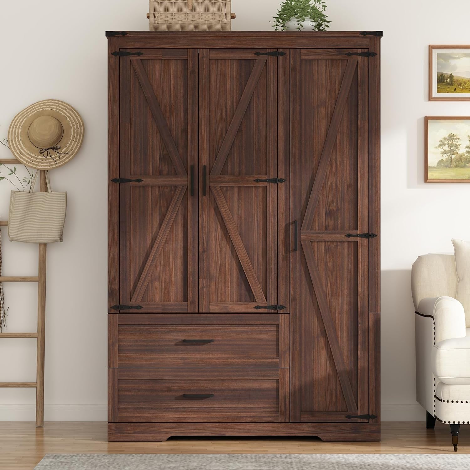 Farmhouse Wardrobe Armoire Closet with 3 Doors and 2 Drawers, 70.1" Wooden Clothing Storage Cabinet, Freestanding Large Capacity Storage Wardrobe Armoire with Hanging Rod for Bedroom, Brown