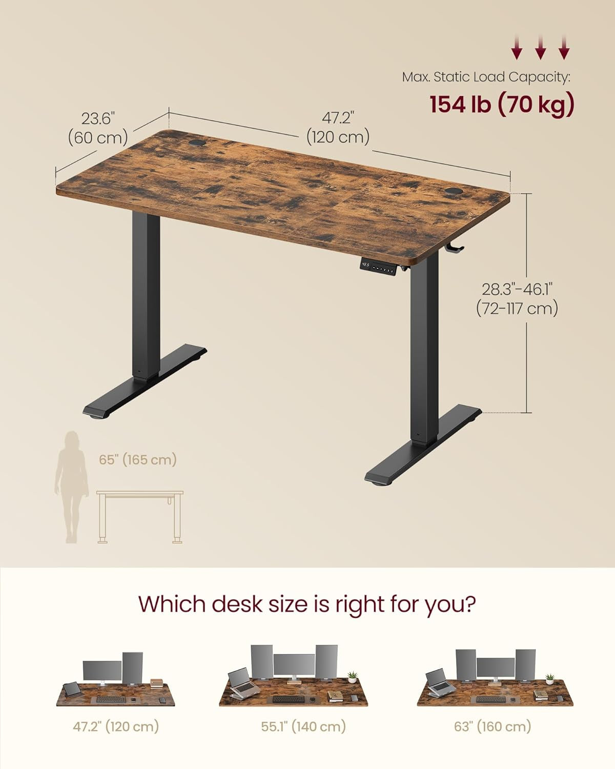 Electric Standing Desk, Height Adjustable Desk, Sedentary Reminder, 4 Memory Heights, for Home Office, 47.2 X 23.6 Inches, Rustic Brown ULSD312KD020S
