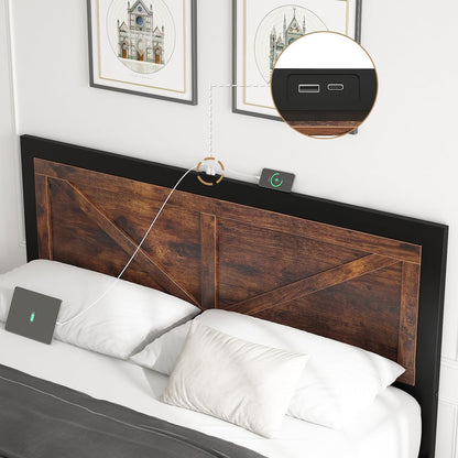 Led Bed Frame King Size with Charging Station, Industrial Platform Bed Frame with Rustic Barn Door Wood Headboard, Strong Metal Slats Support, Noise Free, No Box Spring Needed, Brown