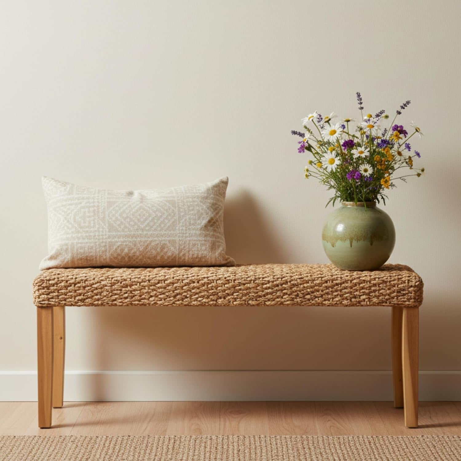 Indoor Bench Wicker for Entryway Bench, Wood Bench for Living Room Dining Bench or End of Bed Bench, 47" Boho Bench with Solid Wood Acacia & Natural Woven Seat, Rustic Farmhouse Rattan Hallway Bench