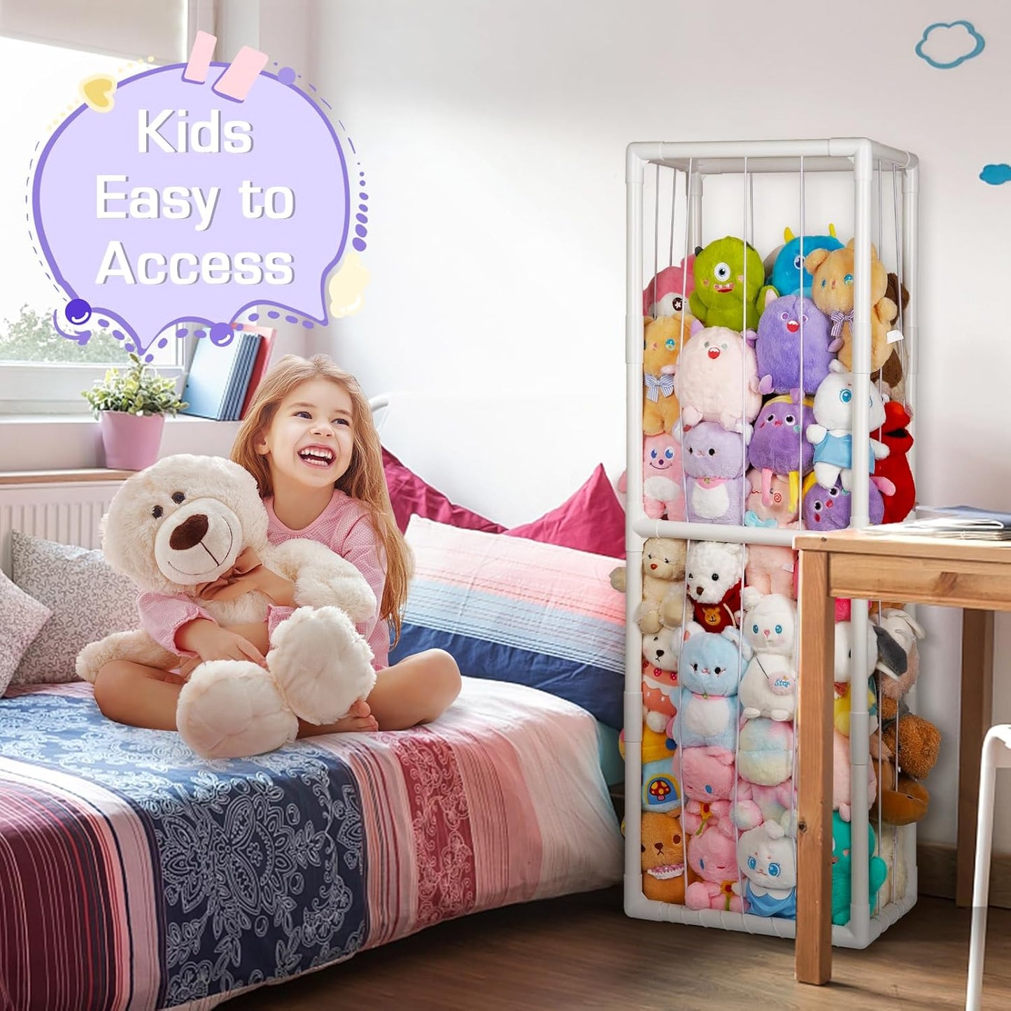 Stuffed Animal Storage Zoo Holder Space save Vertical PVC with Elastic Band and Net for Playroom Bedroom Nursery (White 1)