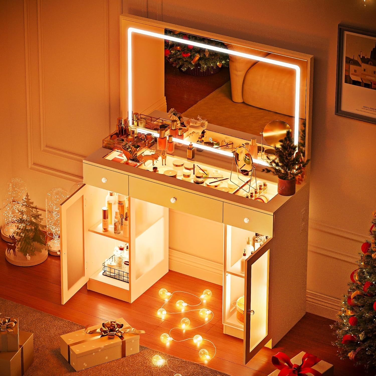 Makeup Vanity with Crystal Knobs, Glass Top Vanity Desk with Mirror and Lights, Power Outlet, Drawers and Cabinet, 3 Lighting Color Adjustable Dressing Table, Upgraded Silent Slides, White