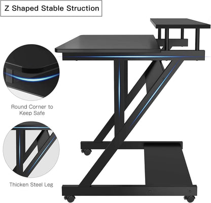 Computer Desk for Small Spaces, 27.5 Inch Small Computer Desk, 3 Tier Compact Desk with Monitor Shelf and Bottom Storage Shelves, Space Saving Desk, Black