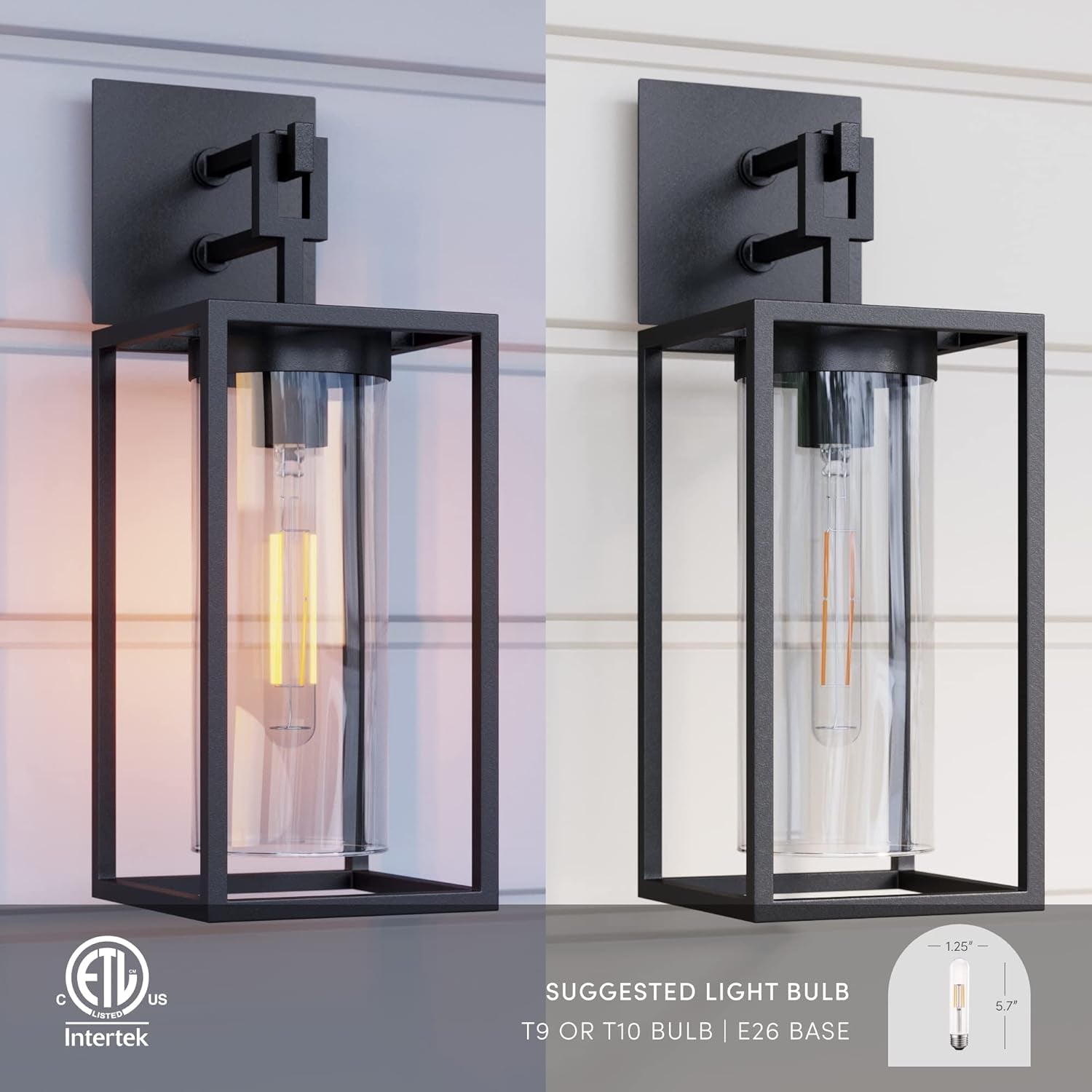Sedona Outdoor Black Wall Sconce Light Fixture, Exterior Porch Lantern with Open Iron Frame and Cylinder Glass Shade for Patio and Front Door, Black/Clear, Set of 2