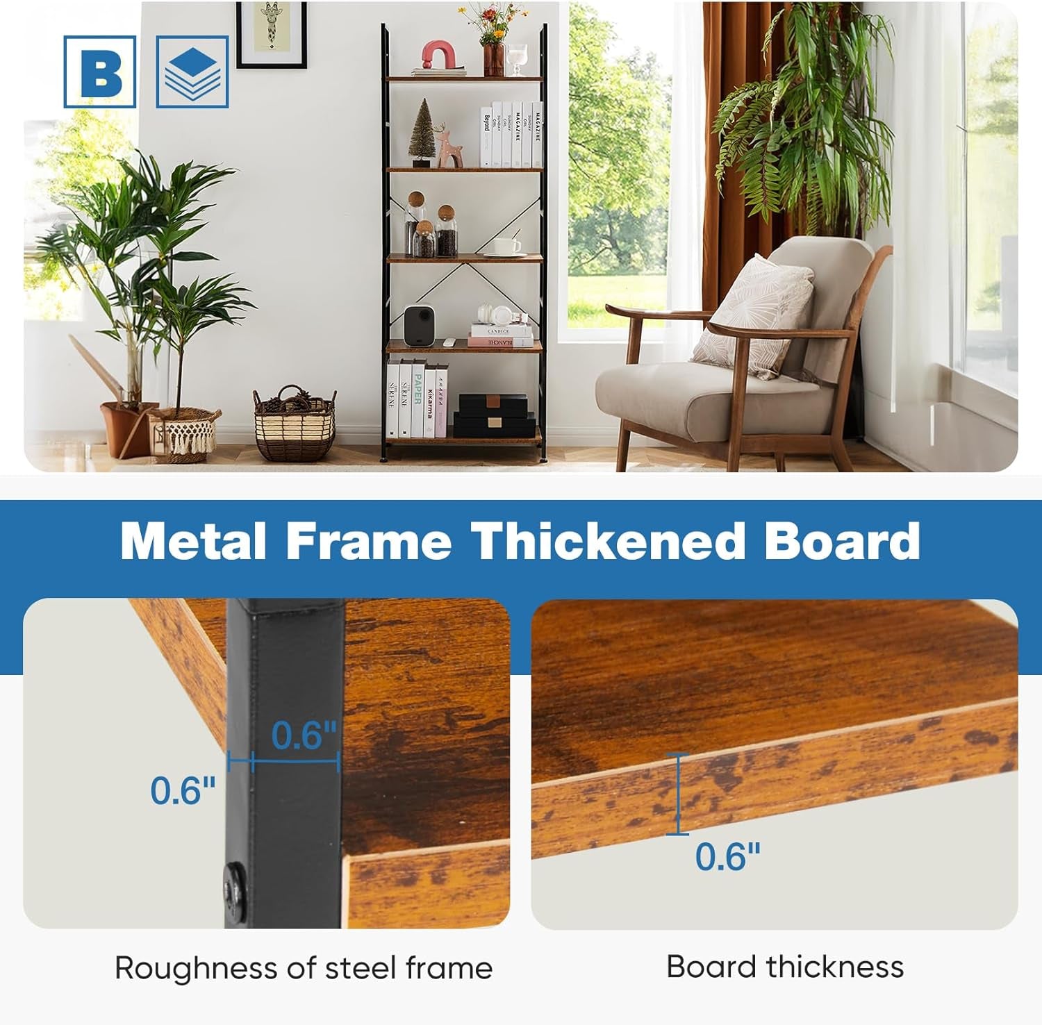 5 Tiers Bookshelf, Classical Modern Book Shelf, Tall Display Shelves in Living Room/Home/Office, Storage Organizer for Cds/Books/Movies, Rustic Brown