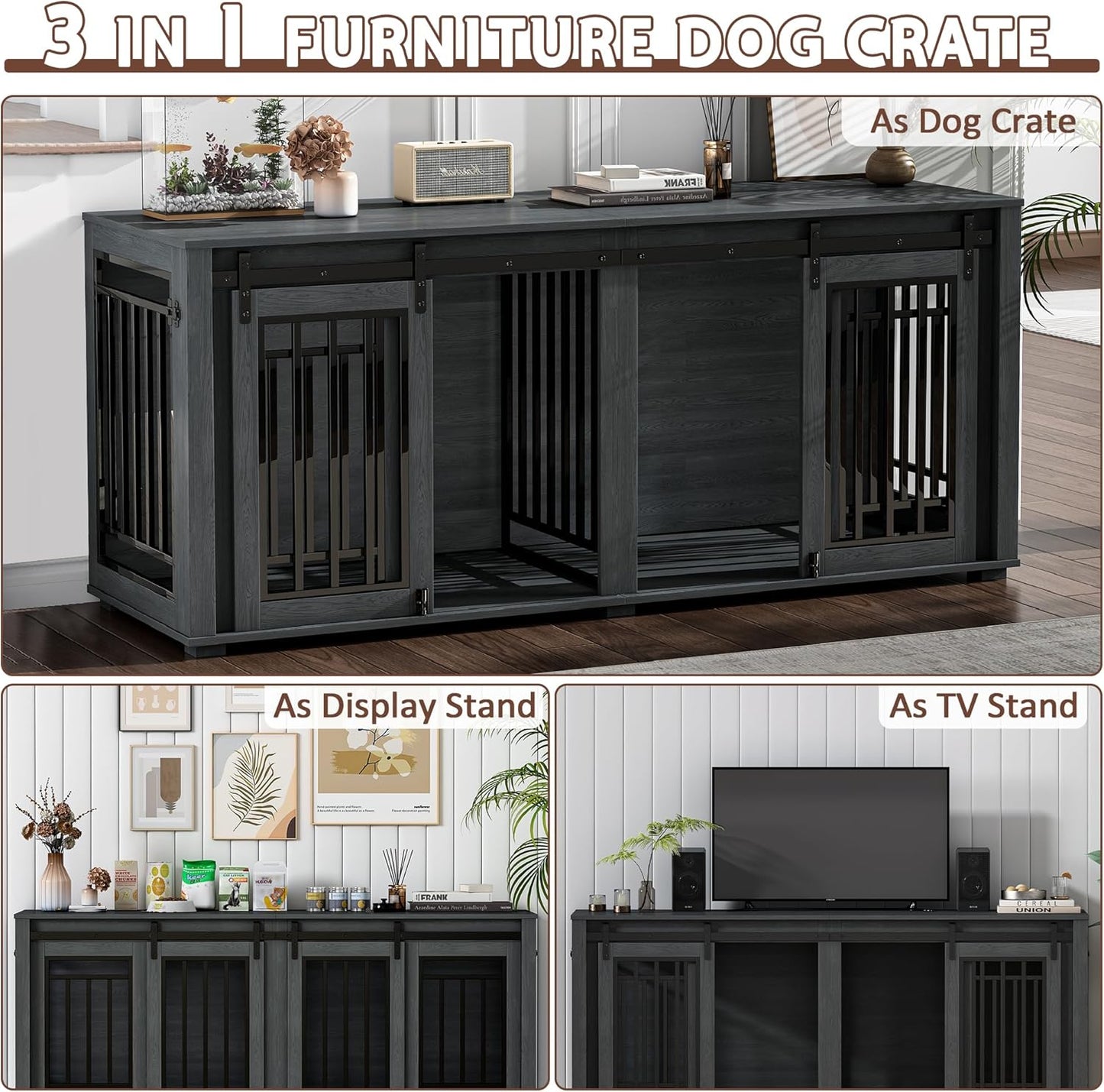 Large Dog Crate Furniture for 2 Dogs, Upgrade 71" Pro XXL Sliding Door Heavy Duty Dog Kennel Furniture with Divider, Steel Frame Indoor Double Dog Crate for Large Medium Small Dogs, Brown
