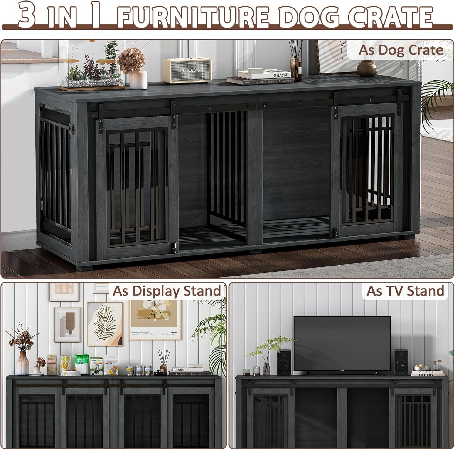 Large Dog Crate Furniture for 2 Dogs, 71.6'' Steel Frame Dog Crate with Double Doors, Heavy Sturdy Kennel for Small Medium Large Dogs, Indoor Double Dog Cage (Black)