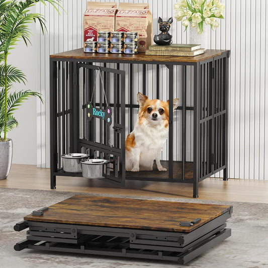 27" Dog Crate Furniture Foldable, No Assembly Decorative Dog Kennel Indoor, Dog Crates for Small Dogs (Under 20 Lb), Wooden Dog Cage with Adjustable Bowls and Name Tag, End Table, Rustic Brown
