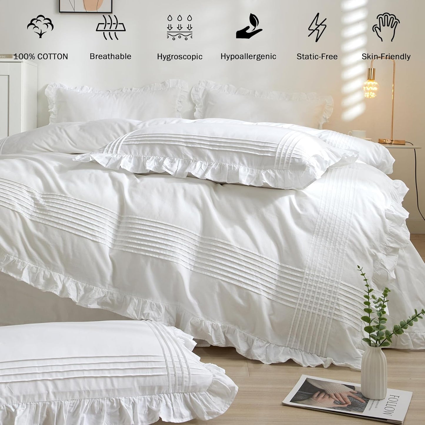 Ruffled Pillow Shams King Size Set of 2, 100% Cotton White Ruffle Pillow Cases with Pintucks, Farmhouse French Shabby Chic Pillowcases for Bedding, 20X36 Inch