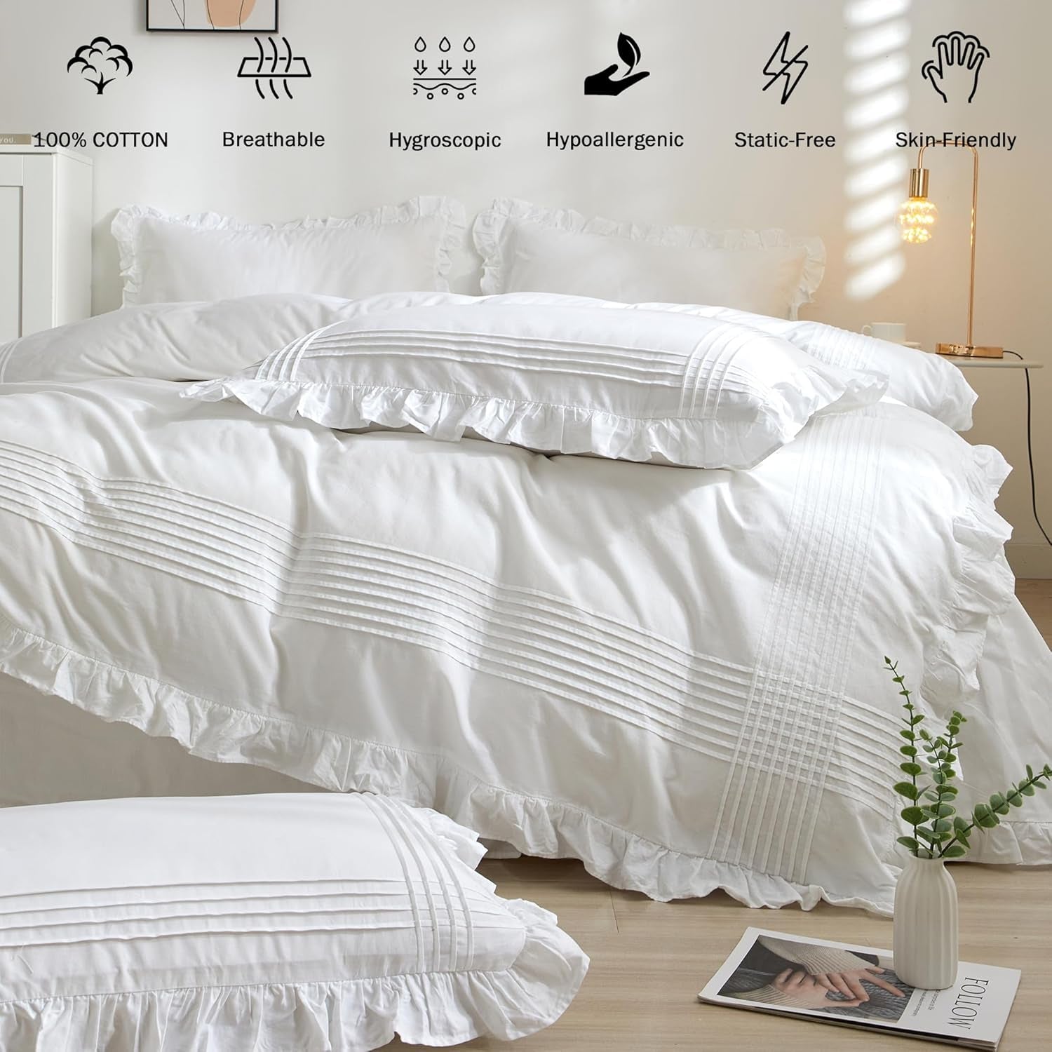 Ruffled Pillow Shams King Size Set of 2, 100% Cotton White Ruffle Pillow Cases with Pintucks, Farmhouse French Shabby Chic Pillowcases for Bedding, 20X36 Inch