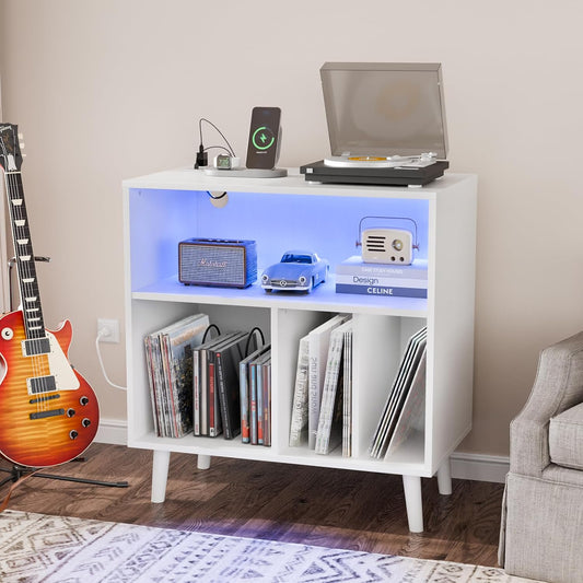 Record Player Stand with Open Vinyl Storage, Mid-Century Album Storage Table with LED Light up to 300 Albums, Vinyl Record Player Shelf with Power Outlet for Living Room, White