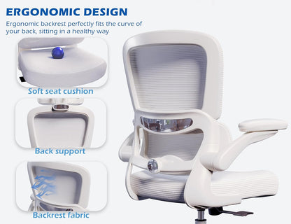 Ergonomic Office Chair - Desk Chair with Adjustable Lumbar Support Computer Chair - Mesh Comfy Chair with Flip-Up Armrests - Gaming Chairs for Adults Home Office (Leather, White)