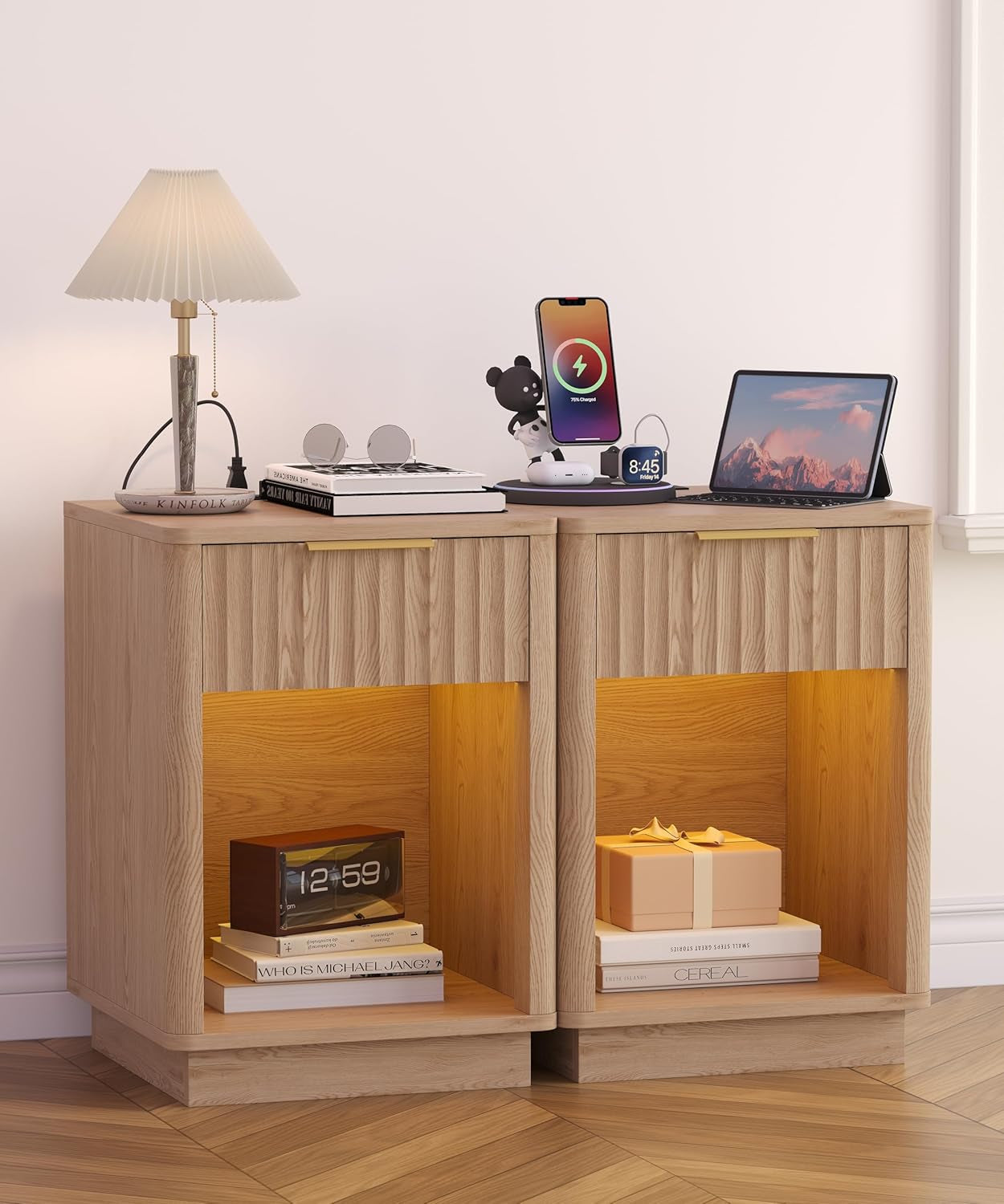 Fluted Nightstands Set of 2, Wooden Night Stand with Charging Station and LED Light, Modern Mid Century End Table with Drawer, 15" D X 15.7" W X 22.6" H, for Bedroom, Natural Oak