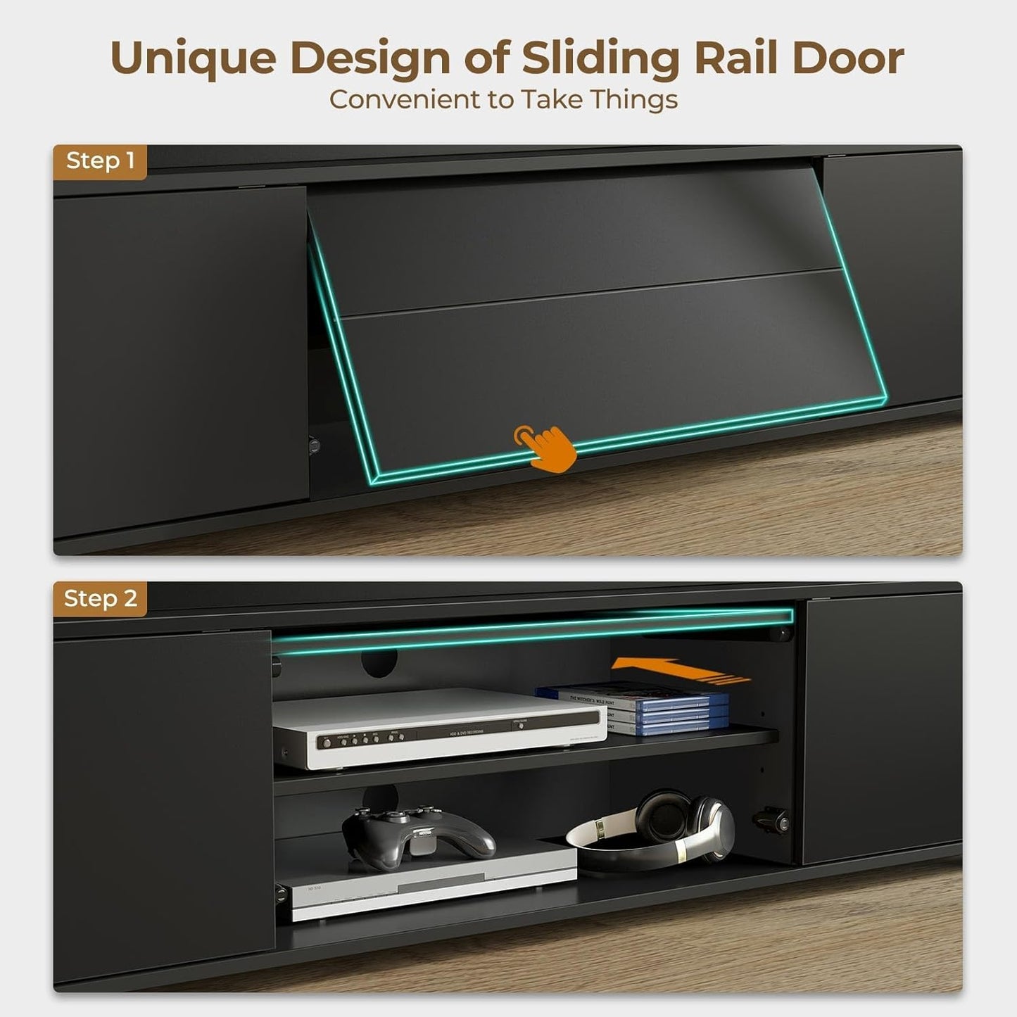 TV Stand with Power Outlet & LED Lights, Modern Entertainment Center for 32/43/50/55/65 Inchs Tvs, TV Table, Universal Gaming LED TV Media Stand with Large Storage Cabinet, Black