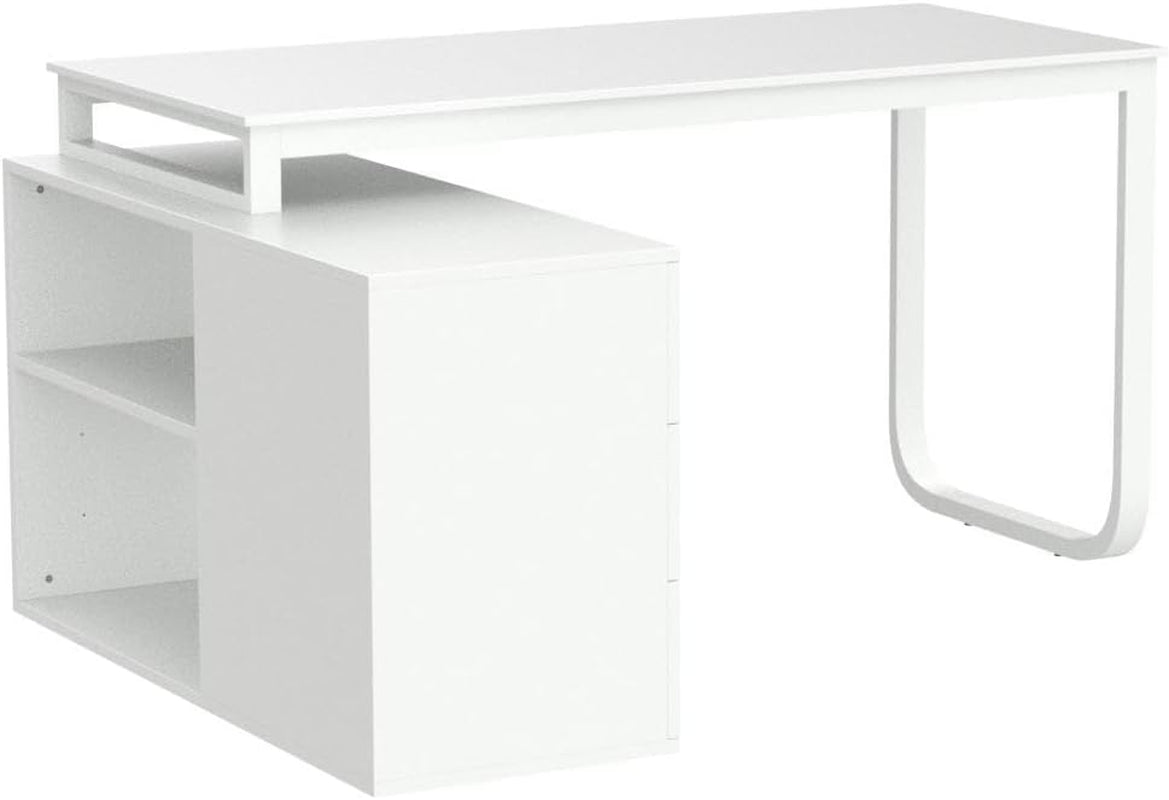 Home Office Computer Desk Corner Desk with 3 Drawers and 2 Shelves, 55 Inch Large L-Shaped Study Writing Table with Storage Cabinet - White
