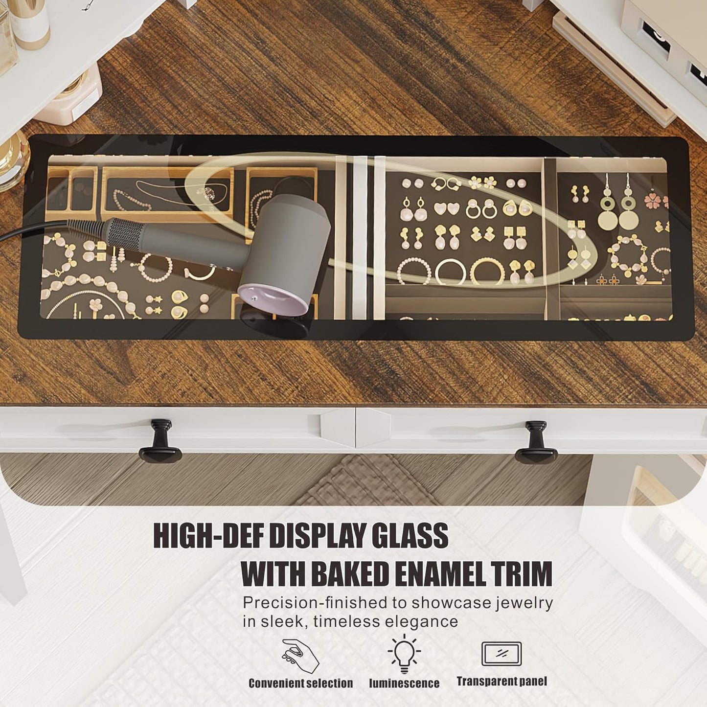 Corner Vanity Desk with Mirror and Lights, Modern Makeup Vanity with Charging Station & Human Sensor Light, Glass Top Dressing Table with 4 Drawers & Shelves for Bedroom (White)