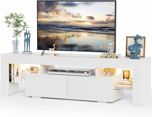 TV Stand with LED Lights, Modern Entertainment Center Media and Open Shelf Console Table Storage Desk with 1 Drawer and Remote Control 20 Color LED Lights up to 70 Inch TV (White)