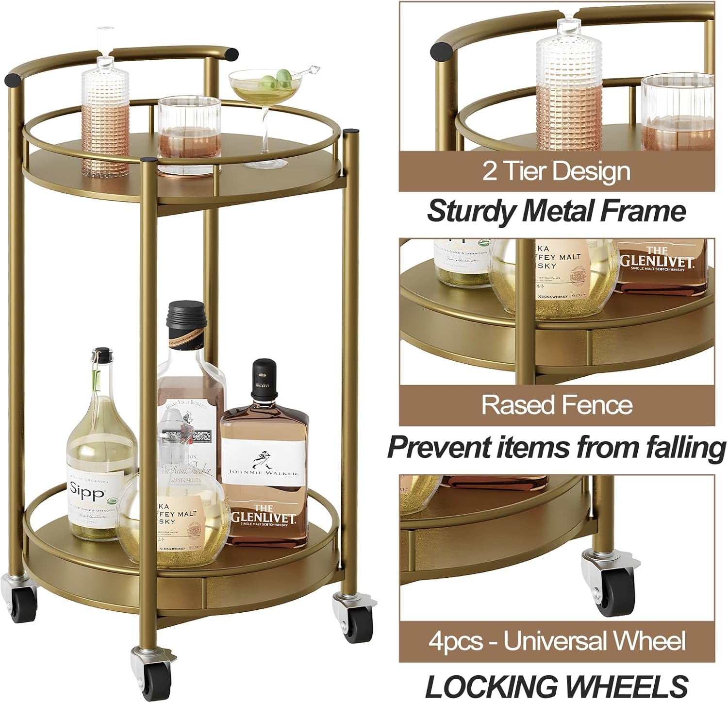 Bar Cart Gold Rolling Cart for Home,2 Tiers Bar Serving Cart round Wine Cart with Handle, Metal Wine Rack and Casters, Serving Bar Trolley for Home Kitchen,Living Room,Christmas,New Year