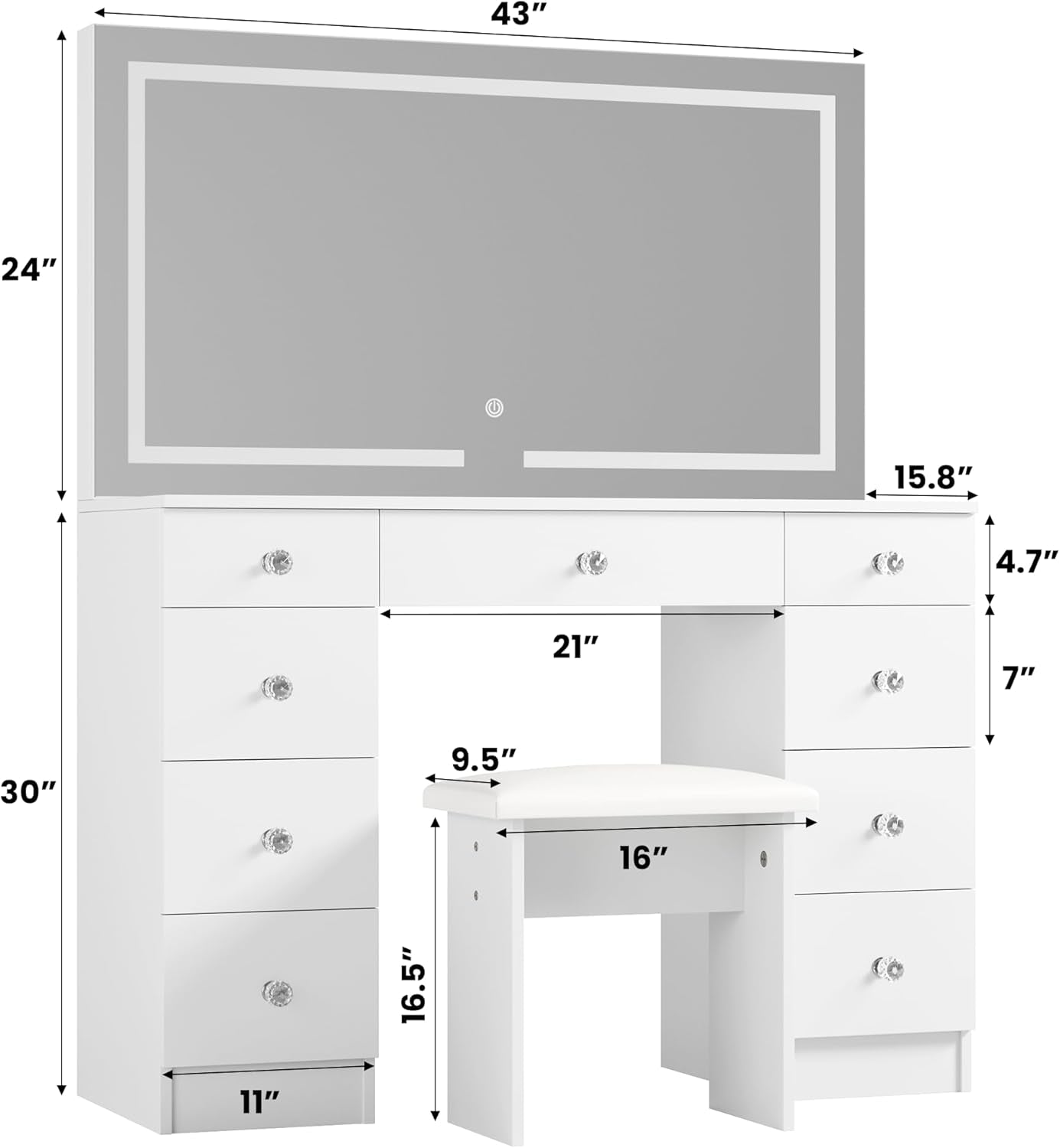 Vanity with Mirror and Lights - Vanity Desk with Power Outlet and 9 Drawers, 3 Color Lighting Modes, Adjustable Brightness, Makeup Vanity with Soft Cushioned Stool for Bedroom, White 43“L