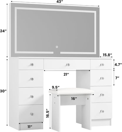 Vanity with Mirror and Lights - Vanity Desk with Power Outlet and 9 Drawers, 3 Color Lighting Modes, Adjustable Brightness, Makeup Vanity with Soft Cushioned Stool for Bedroom, White 43“L