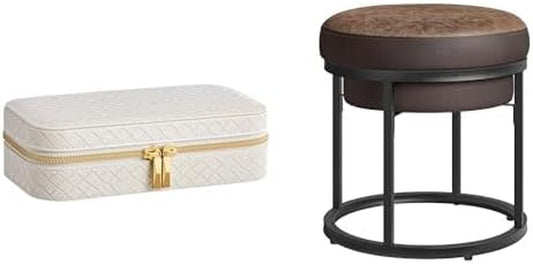 HOME Travel Jewelry Case, Jewelry Organizer Box with Mirror, Ottoman Footstool, round Ottoman, Vanity Chair Stool, Walnut Brown, UJBC197W01 and ULOM080K01