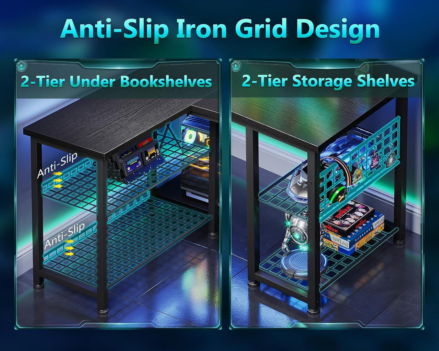 51 Inch L Shaped Gaming Desk with Shelves & Power Outlets, Reversible Computer Desk with Storage Shelves for Home Office, Black