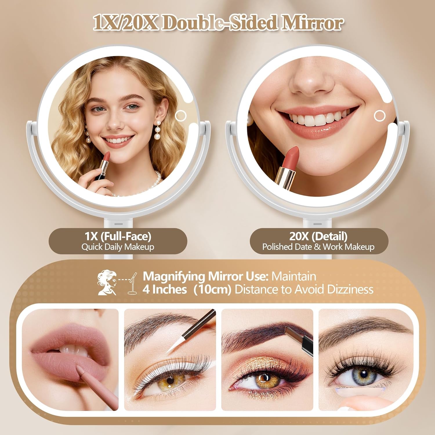 Makeup Mirror with Lights, Double Sided 1X/20X Magnifying Mirror with Light, Rechargeable 3 Color Lights and Adjustable Brightness, 360° Rotation Detachable Comes with Tweezer(White)