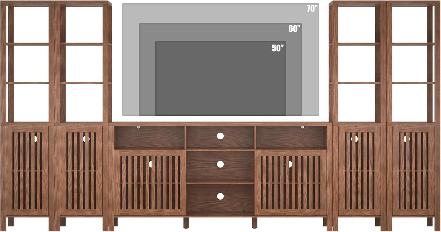 Farmhouse TV Stand for 70 Inch Tvs, Entertainment Center with Bookshelves - 6 Door Media Console with Adjustable Shelves, Storage Cabinet for Living Room Bedroom Home Theater, Rustic Brown