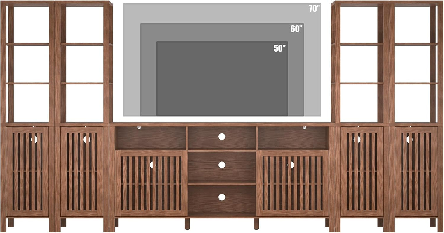 Farmhouse TV Stand for 70 Inch Tvs, Entertainment Center with Bookshelves - 6 Door Media Console with Adjustable Shelves, Storage Cabinet for Living Room Bedroom Home Theater, Rustic Brown
