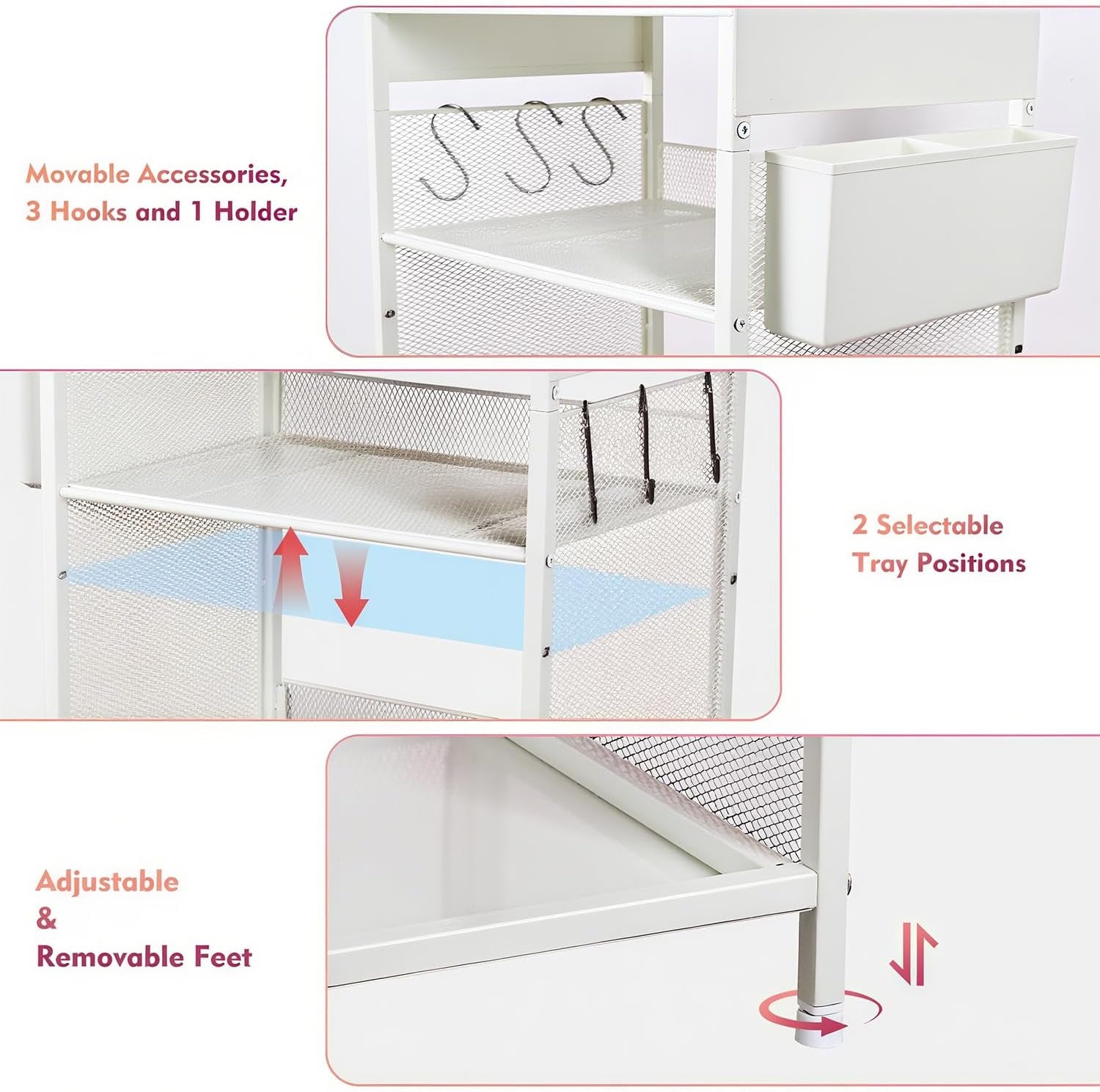 Nightstand, End Table with Hooks and Holder, Kids Nightstand for Bedroom, Toddler Bedside Table, Small Pink Desk for Girls, Coffee Table for Living Room, Dorm, Office (White)