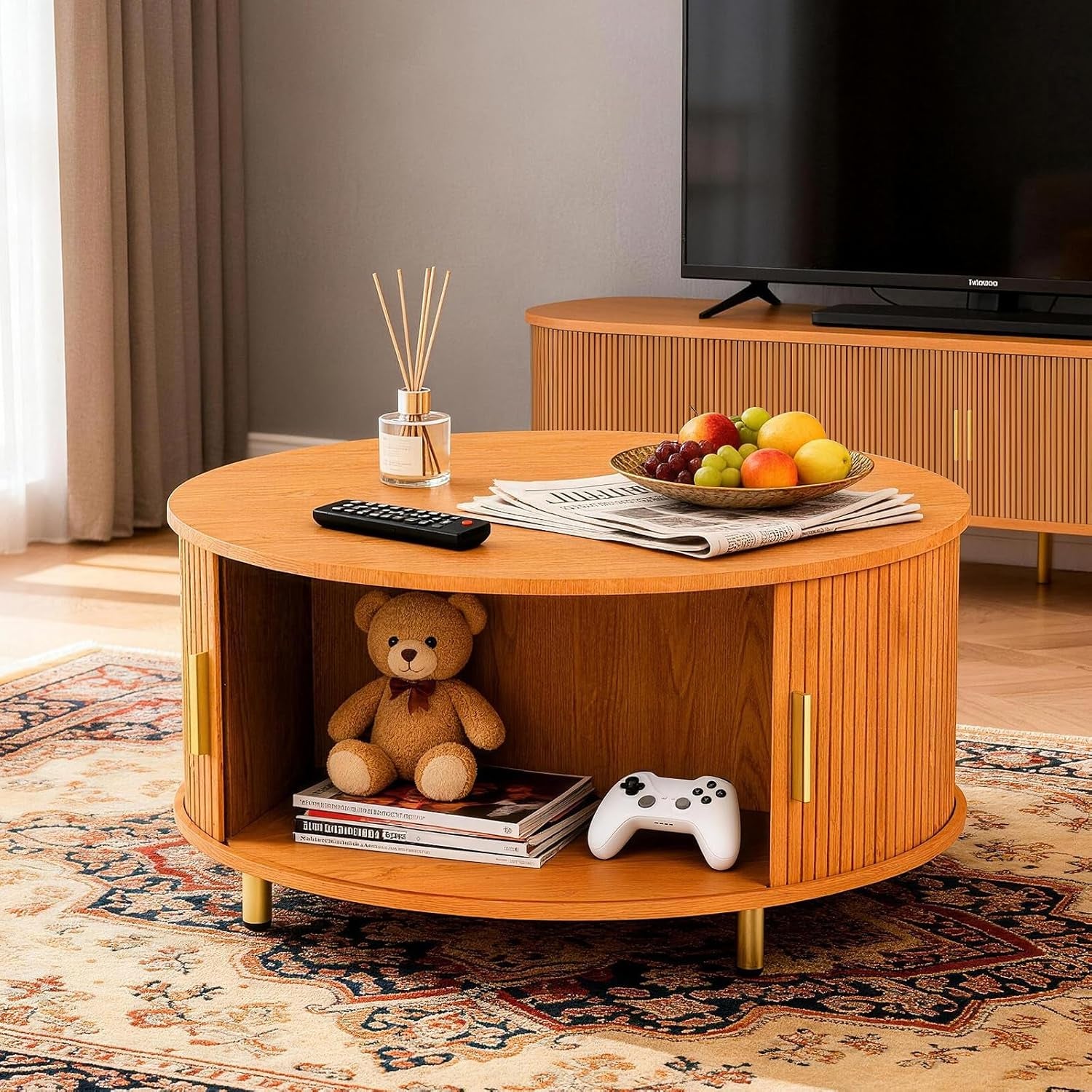 round Coffee Table, 31.5" Mid Century Modern Coffee Table with 360° Sliding Tambour Door, Fluted Accent Coffee Table with Storage,Adjustable Footpads for Living Room, Yellow Walnut