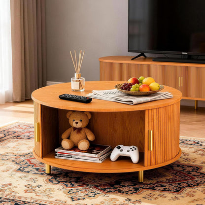 round Coffee Table, 31.5" Mid Century Modern Coffee Table with 360° Sliding Tambour Door, Fluted Accent Coffee Table with Storage,Adjustable Footpads for Living Room, Yellow Walnut