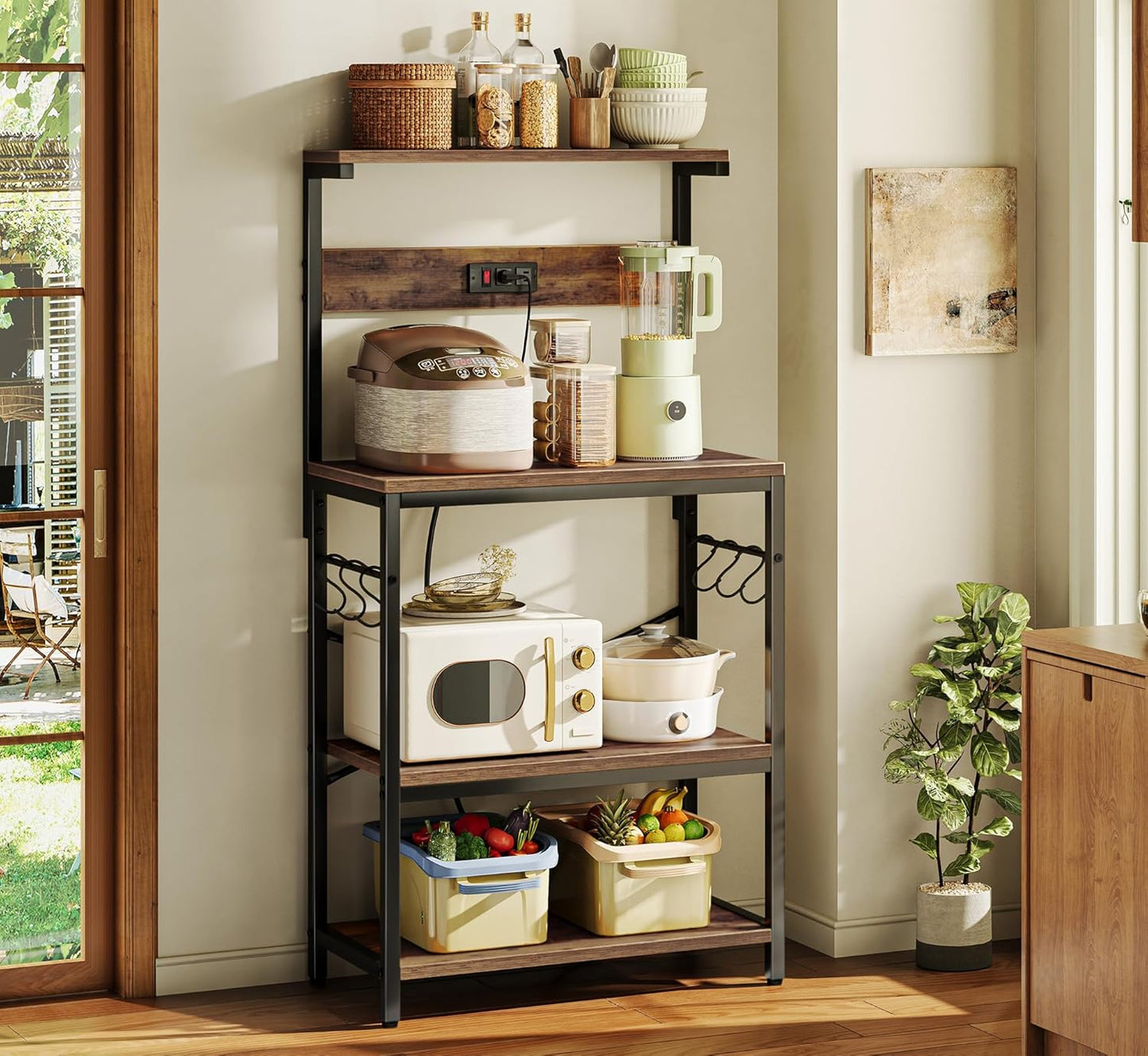 Kitchen Bakers Rack with Power Outlet, Coffee Bar Table 4 Tiers, Kitchen Microwave Stand with 6 S-Shaped Hooks, Storage Shelf Rack for Spices, Pots and Pans - Rustic Brown
