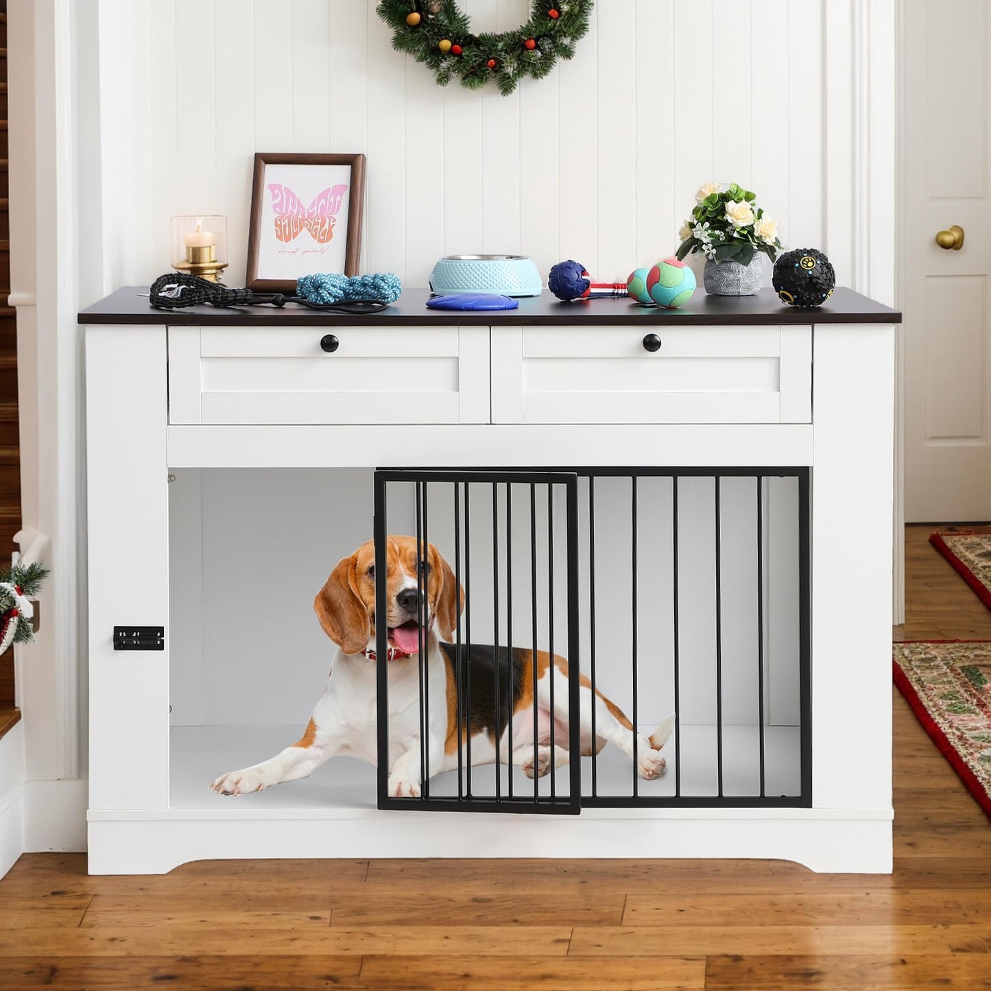 Dog Crate Furniture TV Stand with Charging Station-47.24"Heavy Duty Dog Kennel Furniture Tv Table with 2 Drawers Storage,Indoor TV Stand for Small Medium Dogs,For Bedroom Living Room (White, 1.2M)