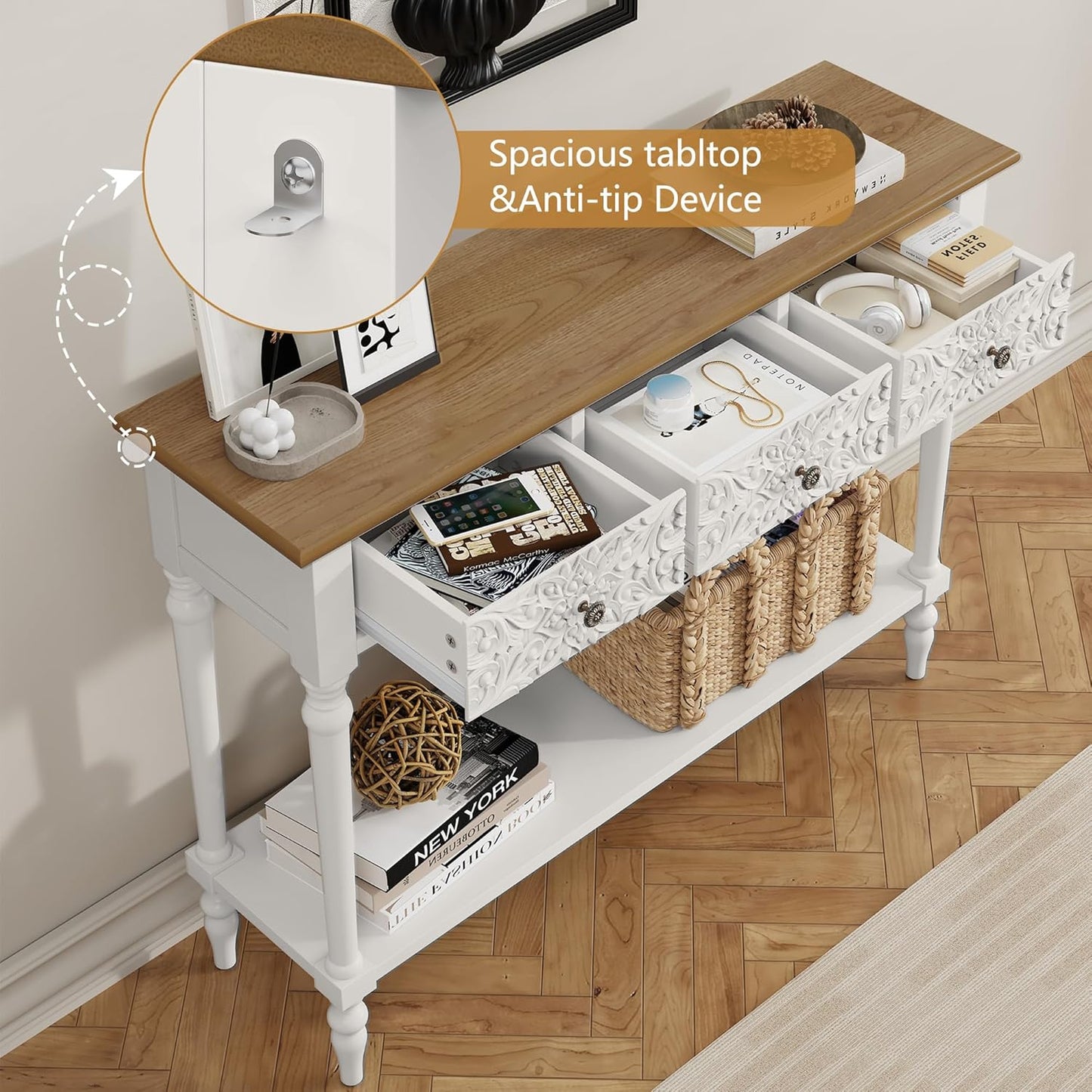 Entryway Console Table with 3 Drawers，42" Carved Hallway Table with Open Shelf，Long Sofa Table for Living Room, Hallway, behind Couch,White