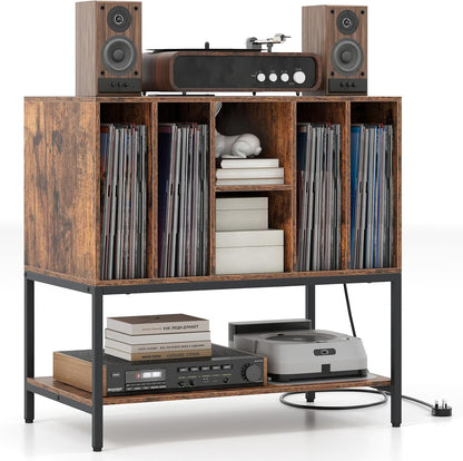 Record Player Stand with Charging Station, Turntable Stand with Storage Shelves Hold up to 150+ Albums, Record Player Table with Metal Frame, Vinyl Record Storage for Music Living Room, Brown