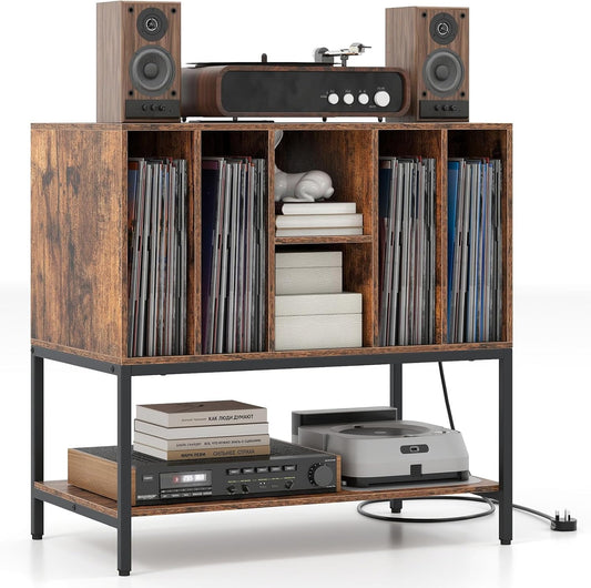 Record Player Stand with Charging Station, Turntable Stand with Storage Shelves Hold up to 150+ Albums, Record Player Table with Metal Frame, Vinyl Record Storage for Music Living Room, Brown